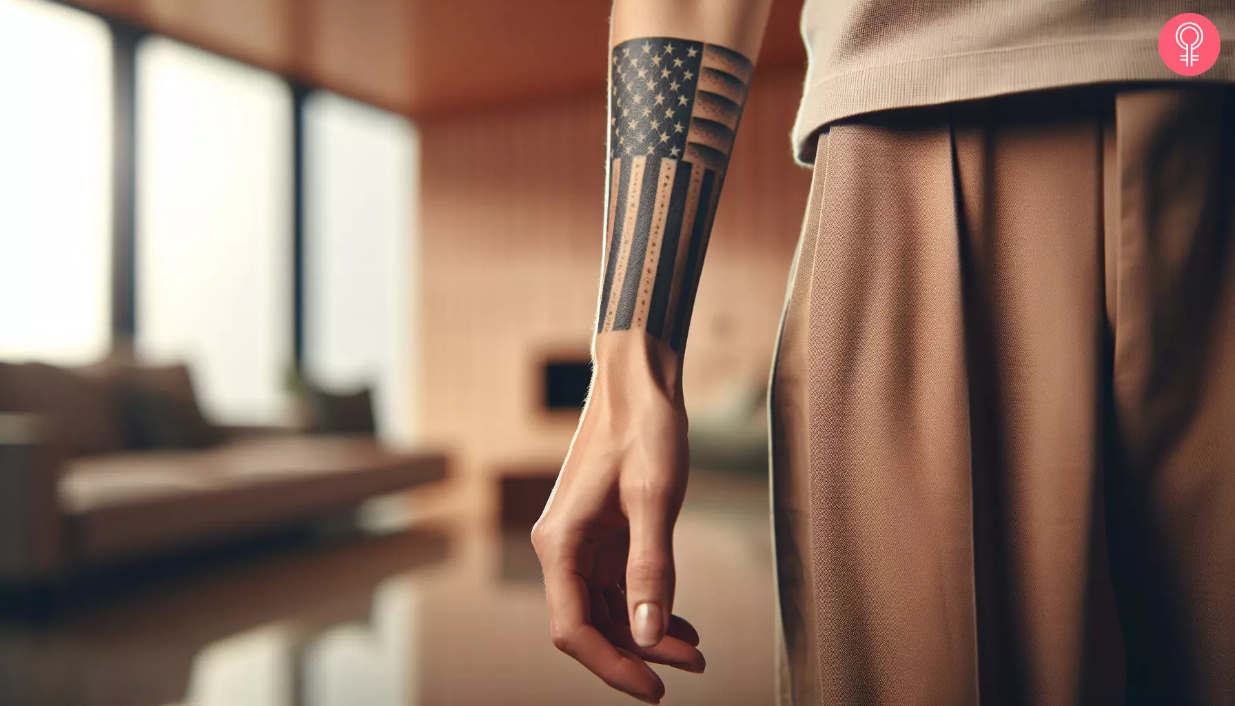A black American flag tattoo design on the forearm of a woman