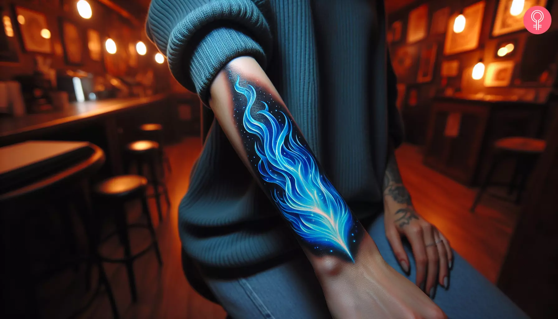 A blue flame tattoo design on the forearm of a woman