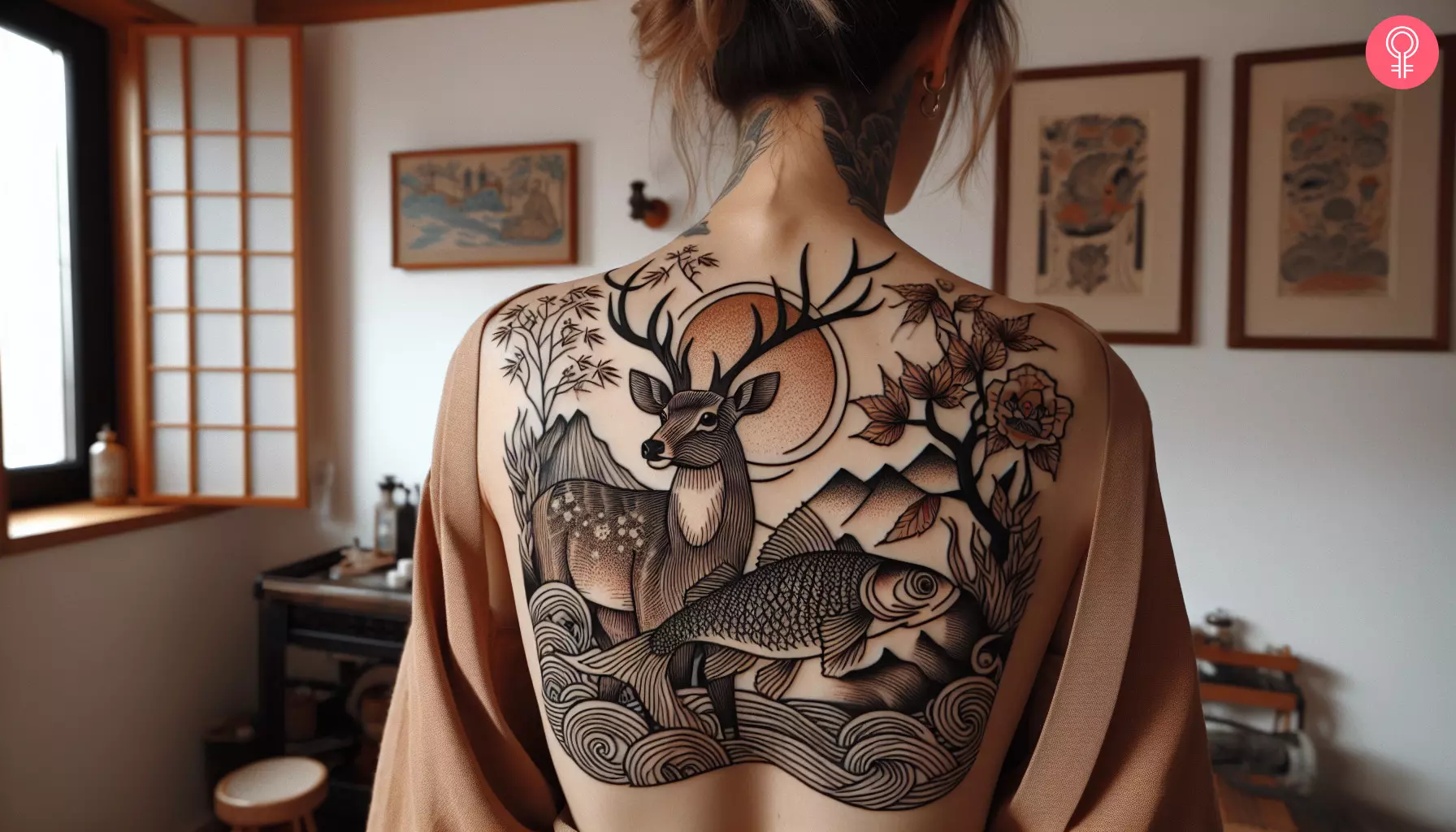 A deer and fish tattoo on the back
