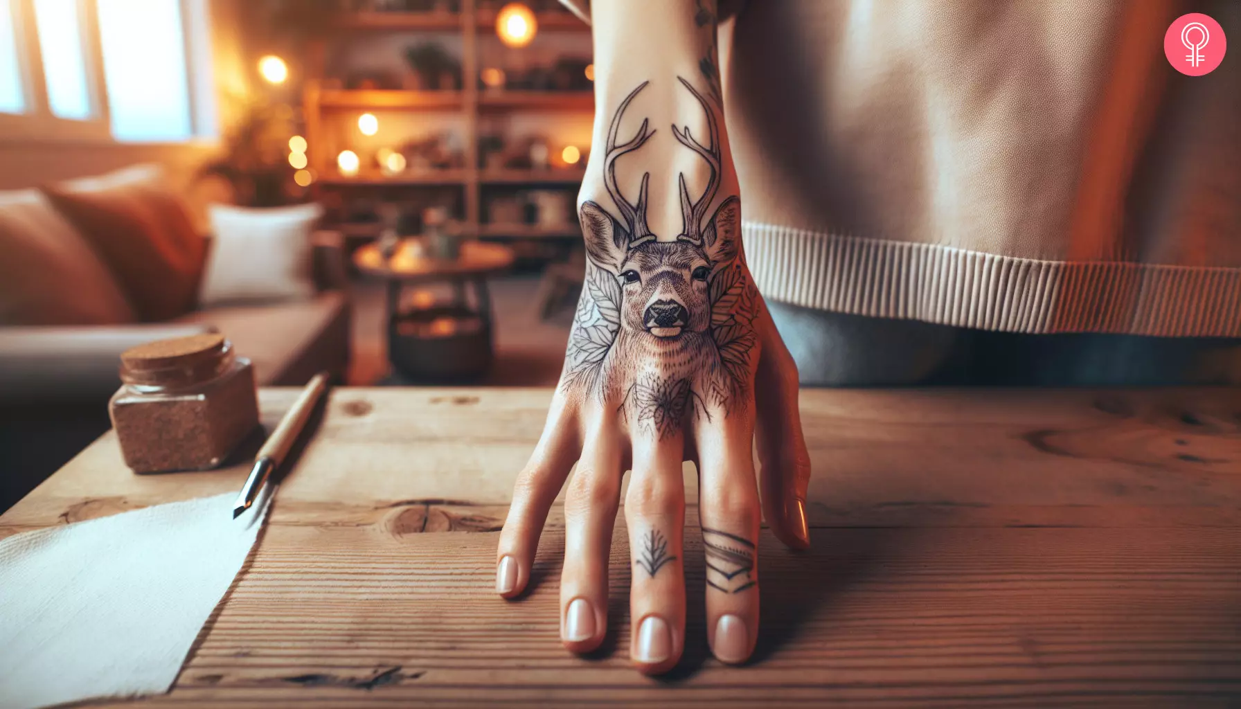A deer hand tattoo on the back of the palm