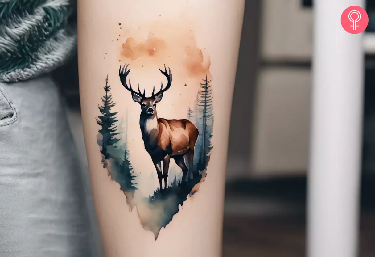 A deer in the woods tattoo on the forearm