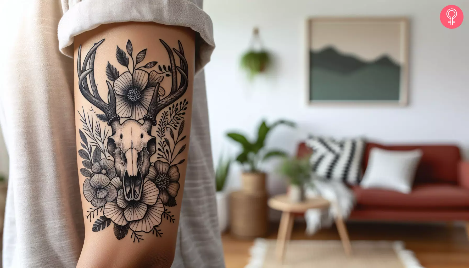 A deer skull with flowers tattoo on the upper arm