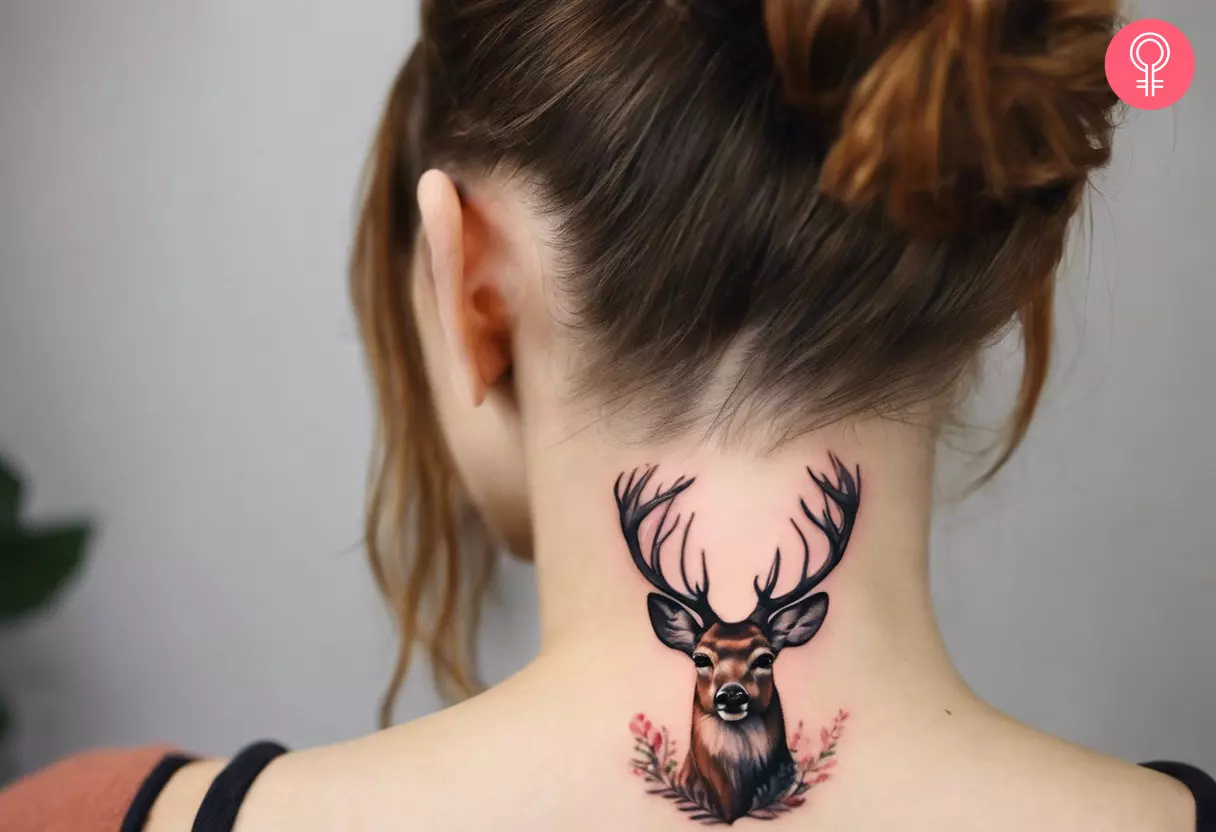A deer tattoo at the nape