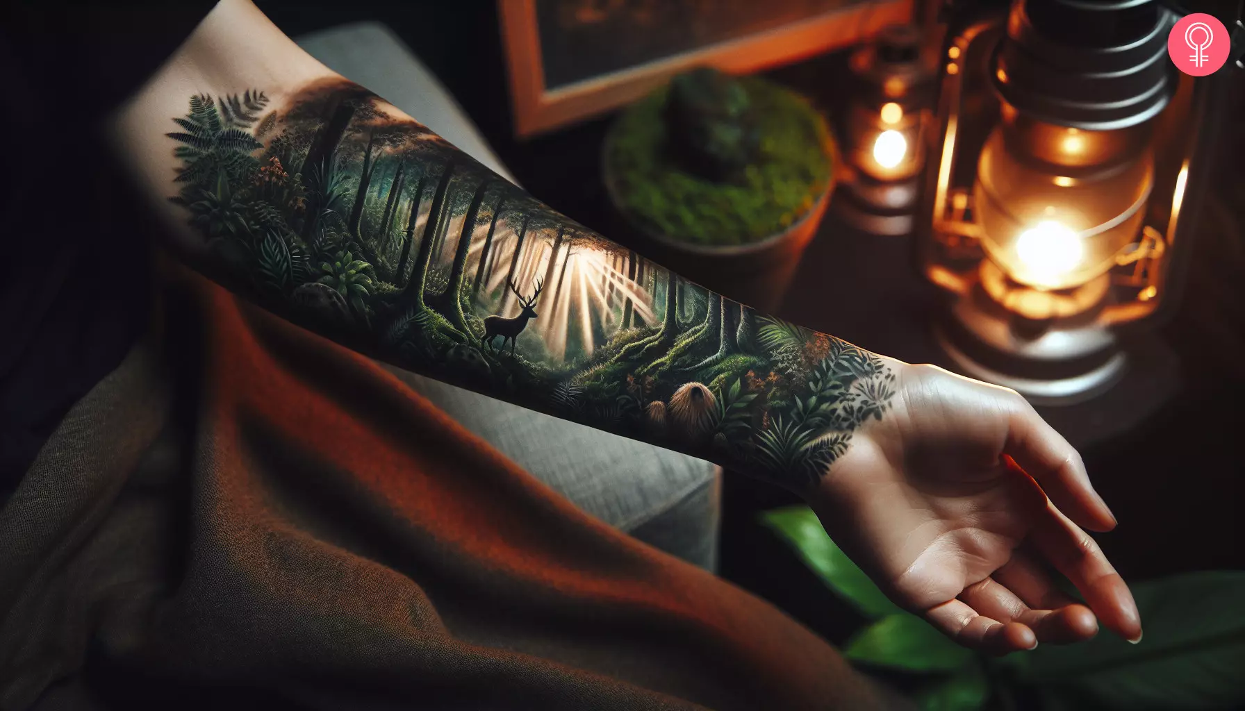 A forest tattoo design on the forearm of a woman