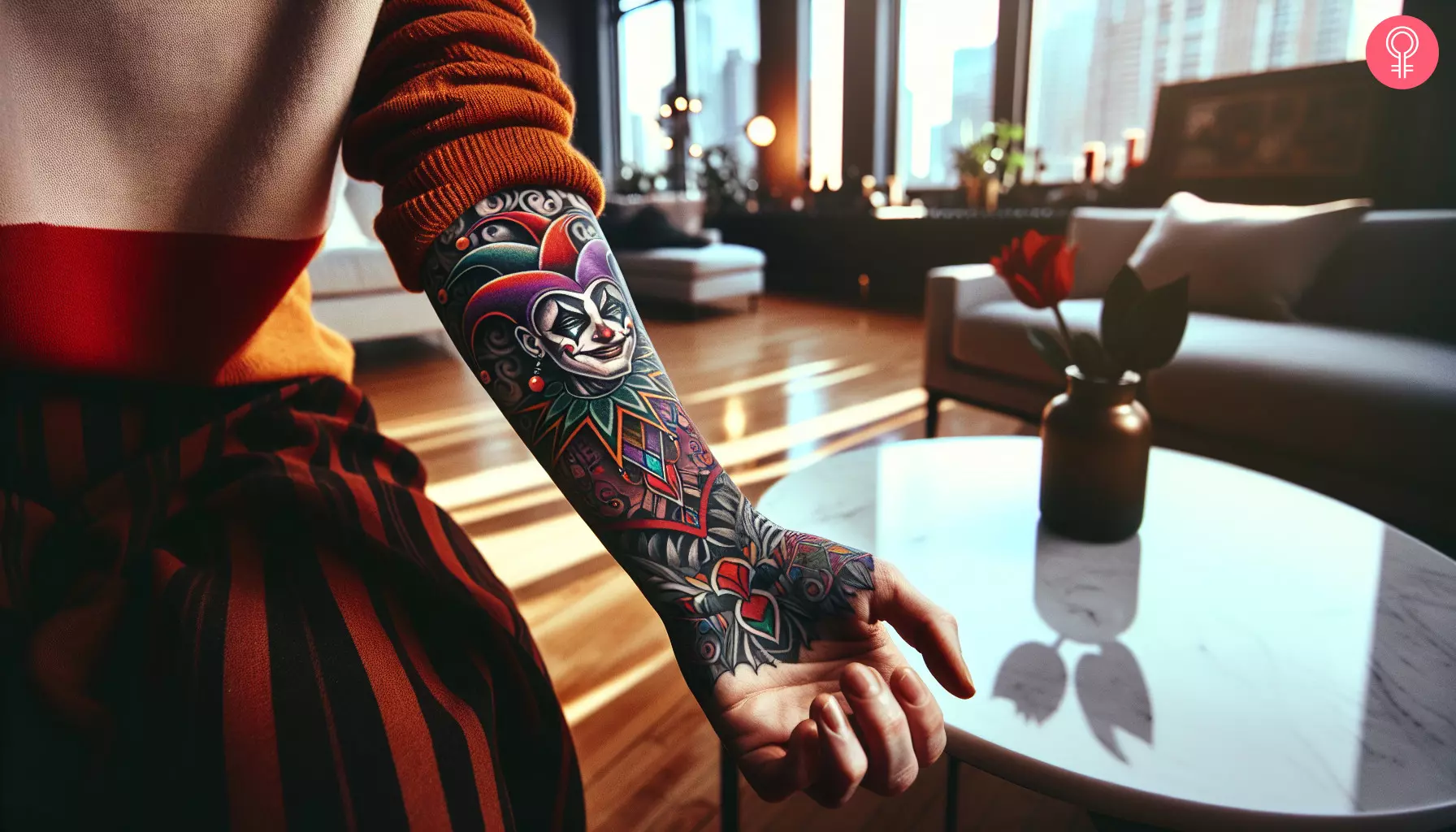 A joker tattoo design on the forearm of a woman