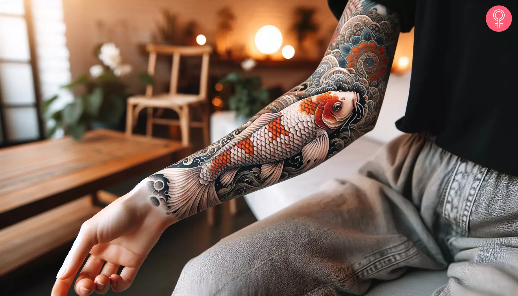 A koi fish tattoo design on the forearm of a woman