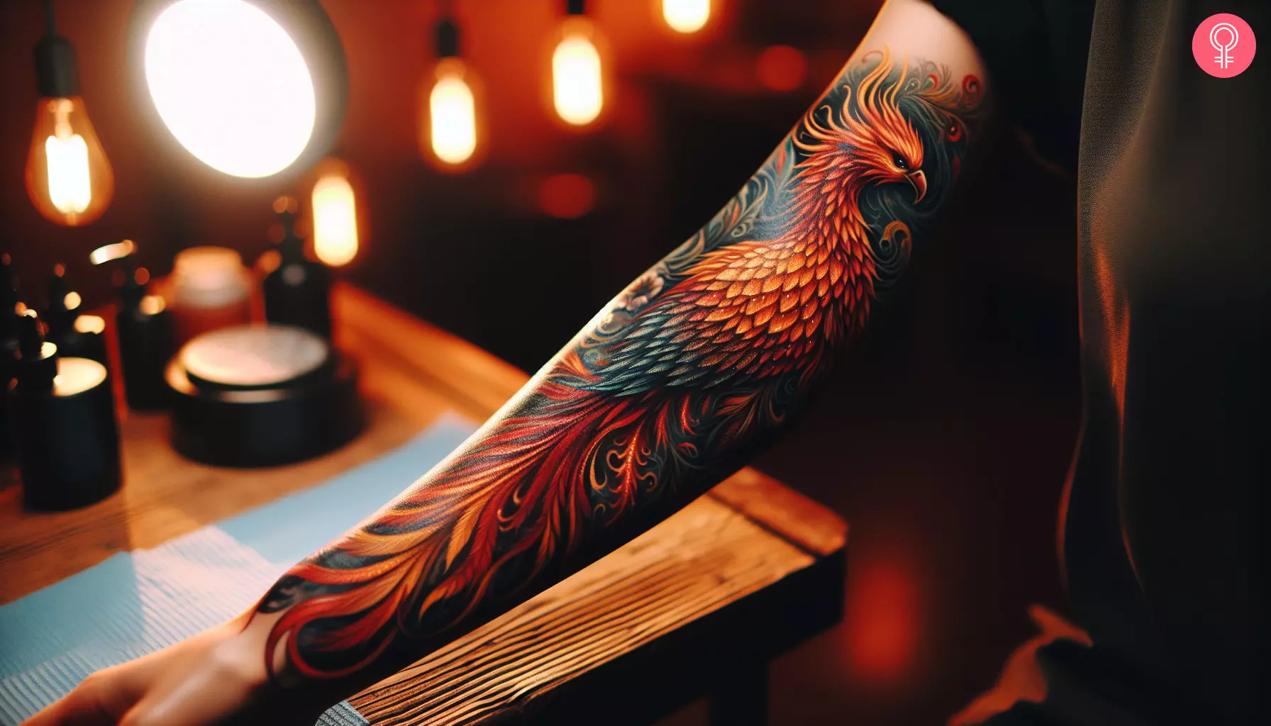 A phoenix tattoo design on the forearm of a woman