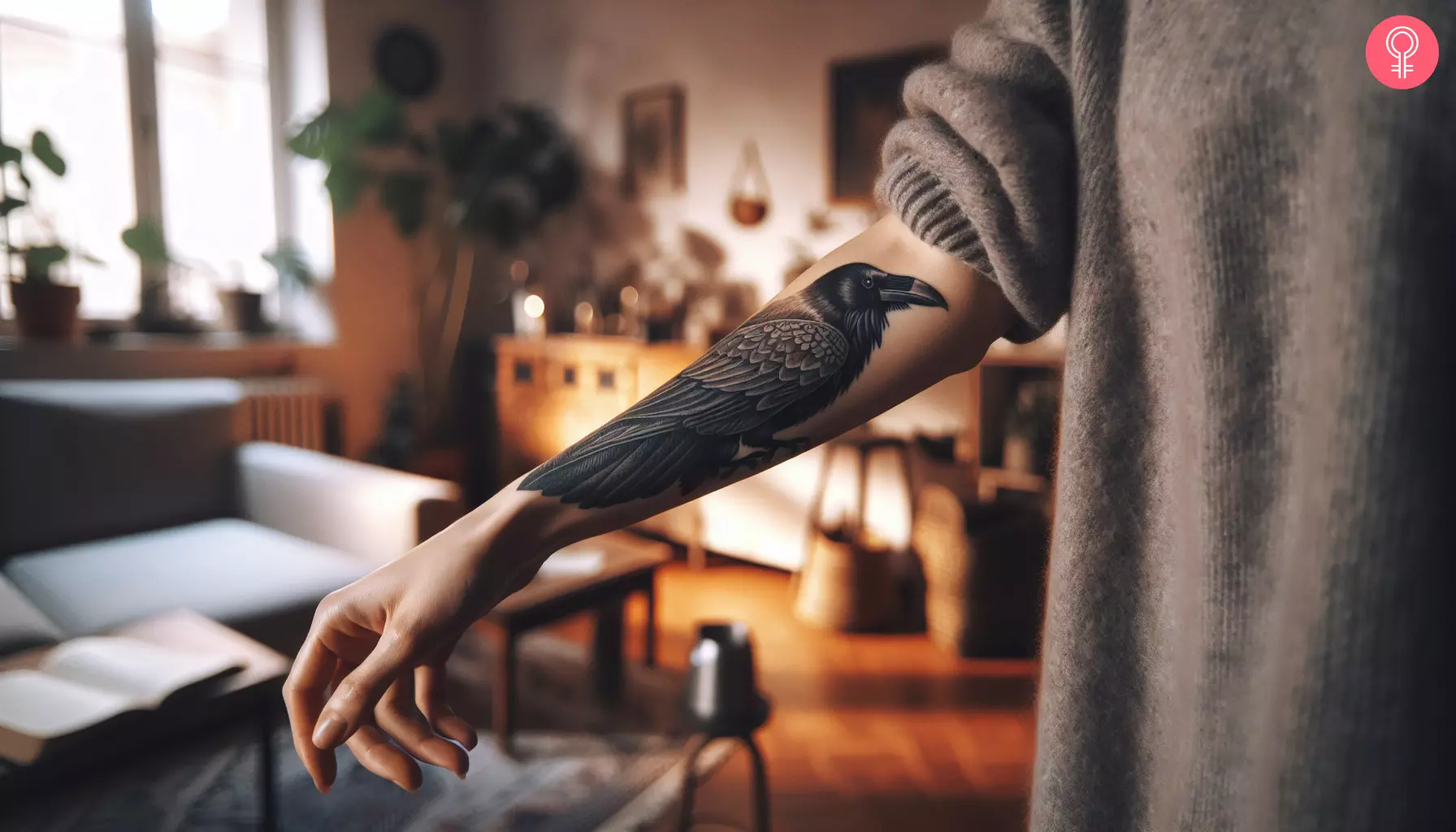 A raven tattoo design on the forearm of a woman