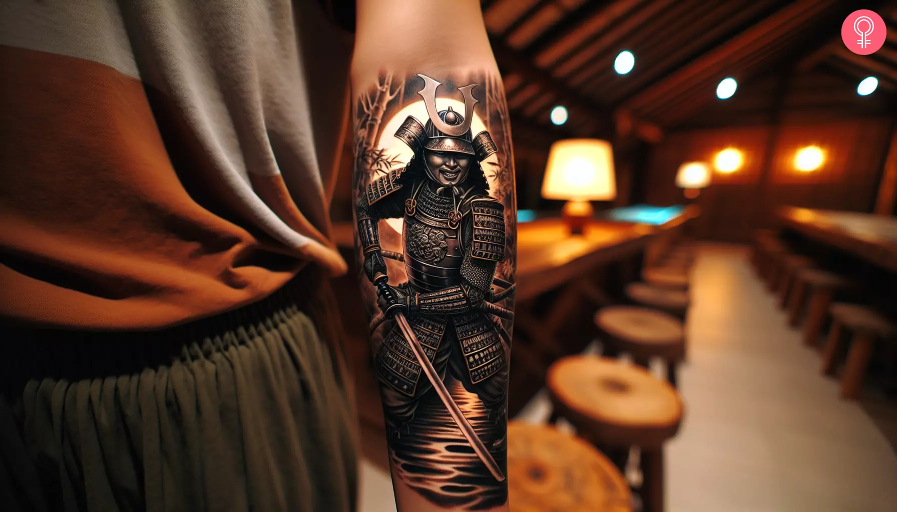 A samurai tattoo design on the forearm of a woman