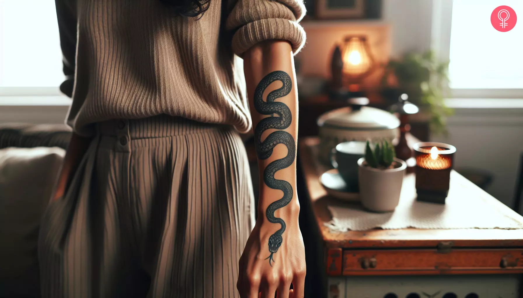 A snake tattoo design on the forearm of a woman