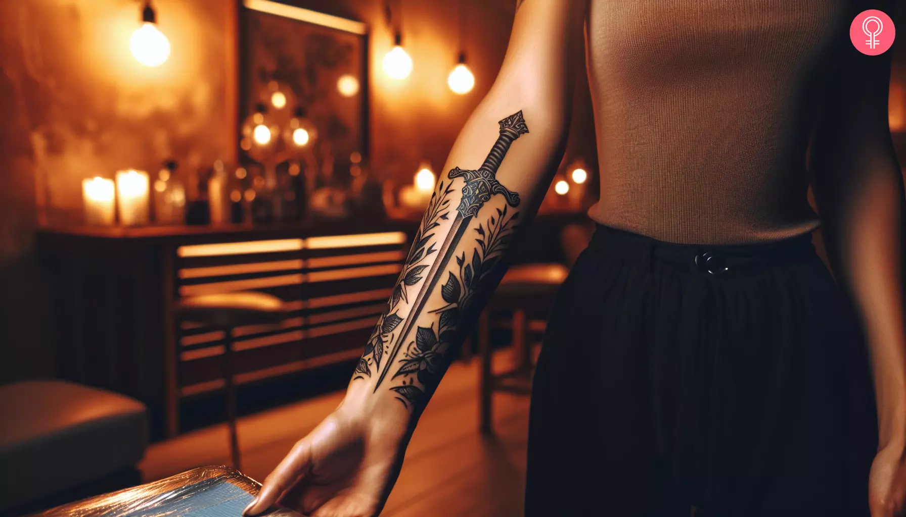 A sword tattoo design on the forearm of a woman