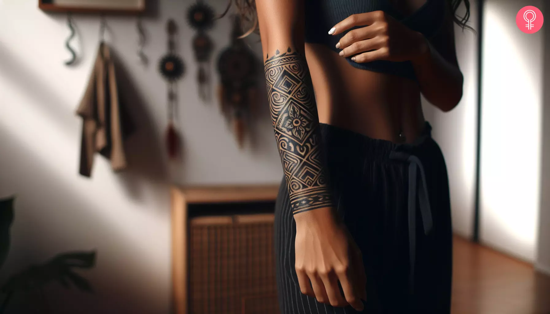 A tribal tattoo design on the forearm of a woman