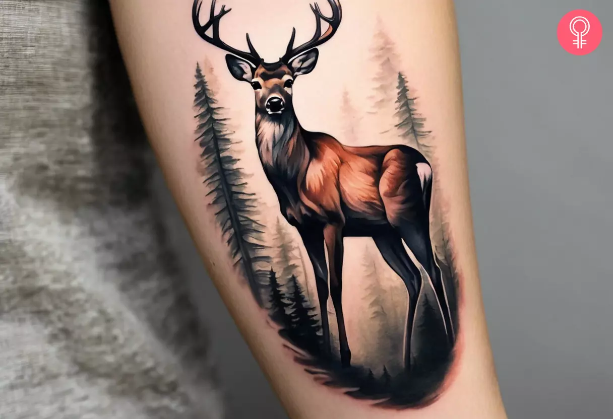 A whitetail deer tattoo on the forearm