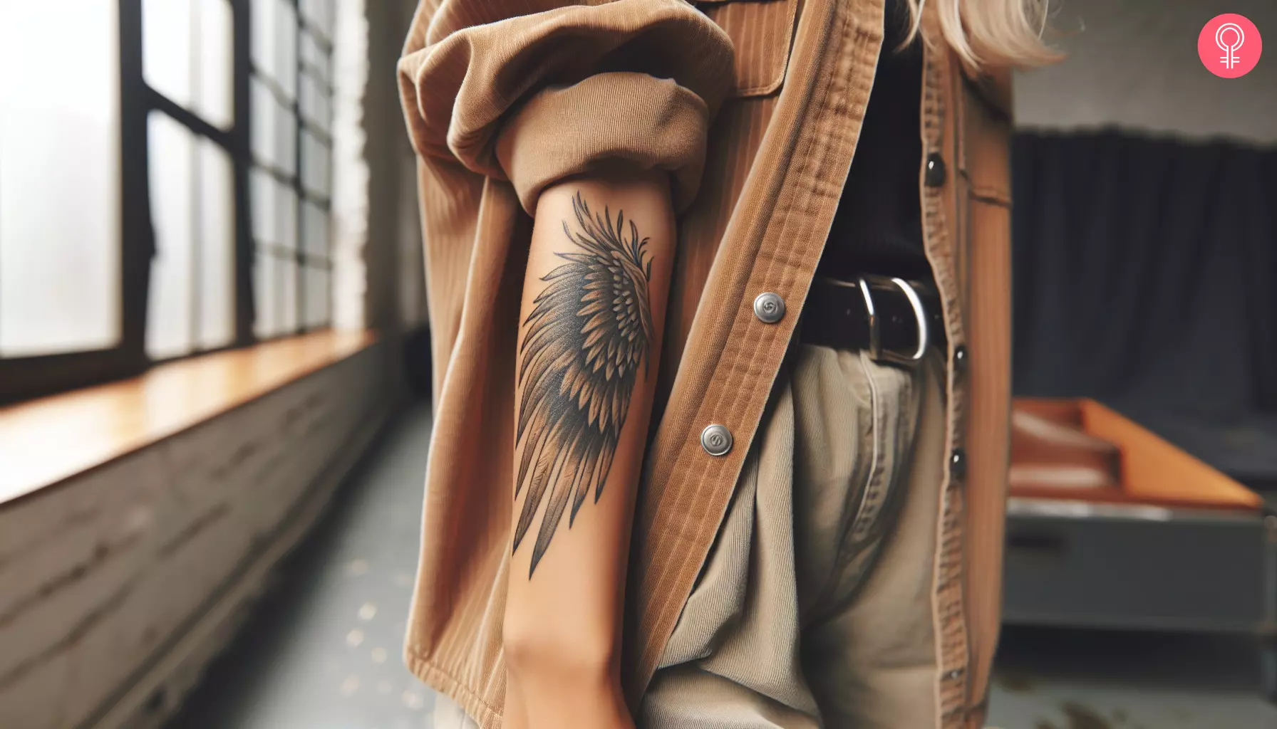 A wing tattoo design on the forearm of a woman