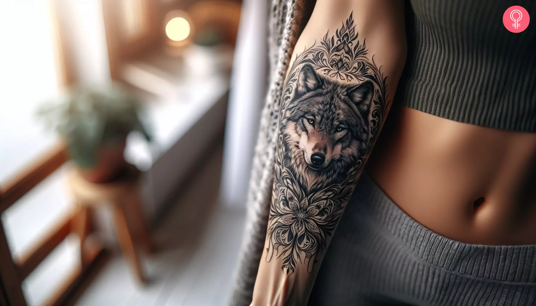 A wolf tattoo design on the forearm of a woman