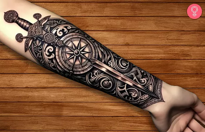 A woman with a detailed sword and compass tattoo on her forearm