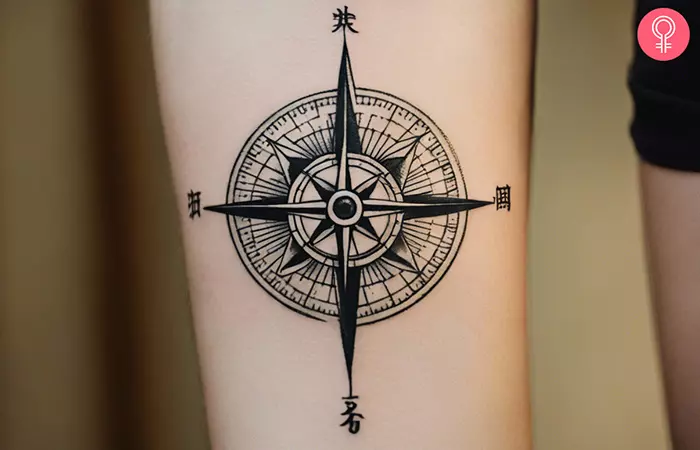 A woman with an old compass tattoo on her forearm