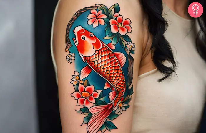 American Traditional Koi fish tattoo on the upper arm