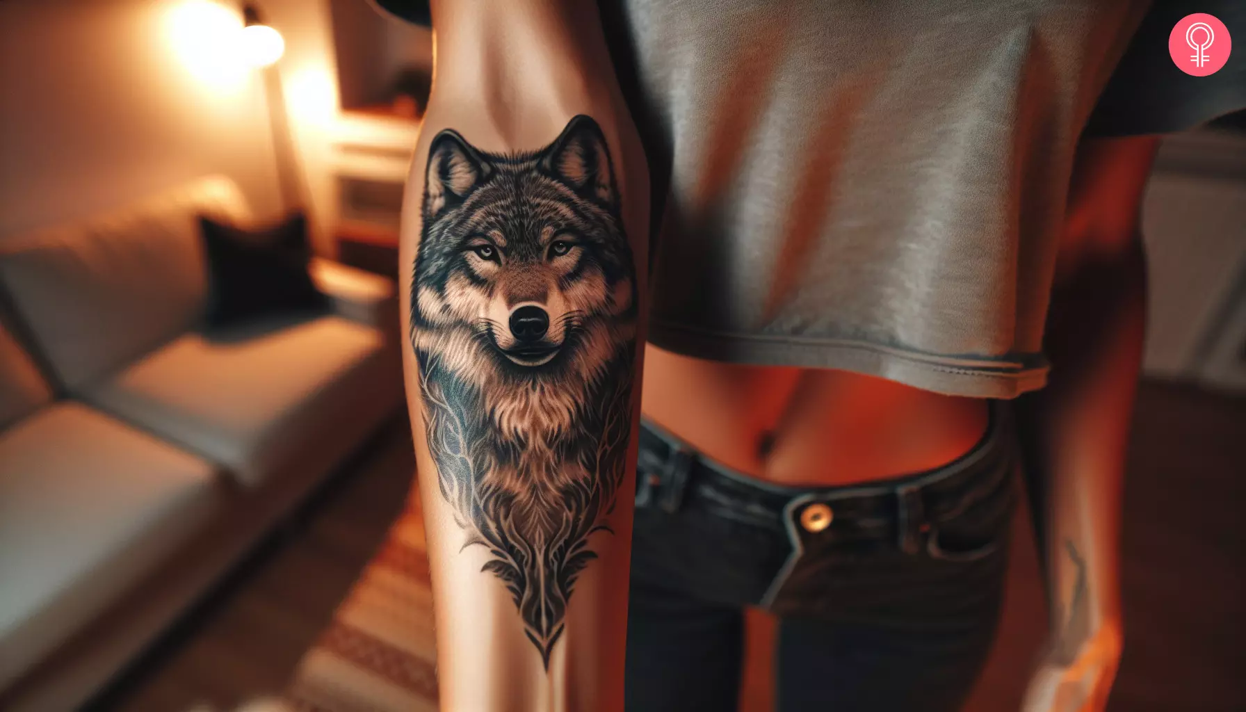 An alpha wolf wolf tattoo design on the forearm of a woman