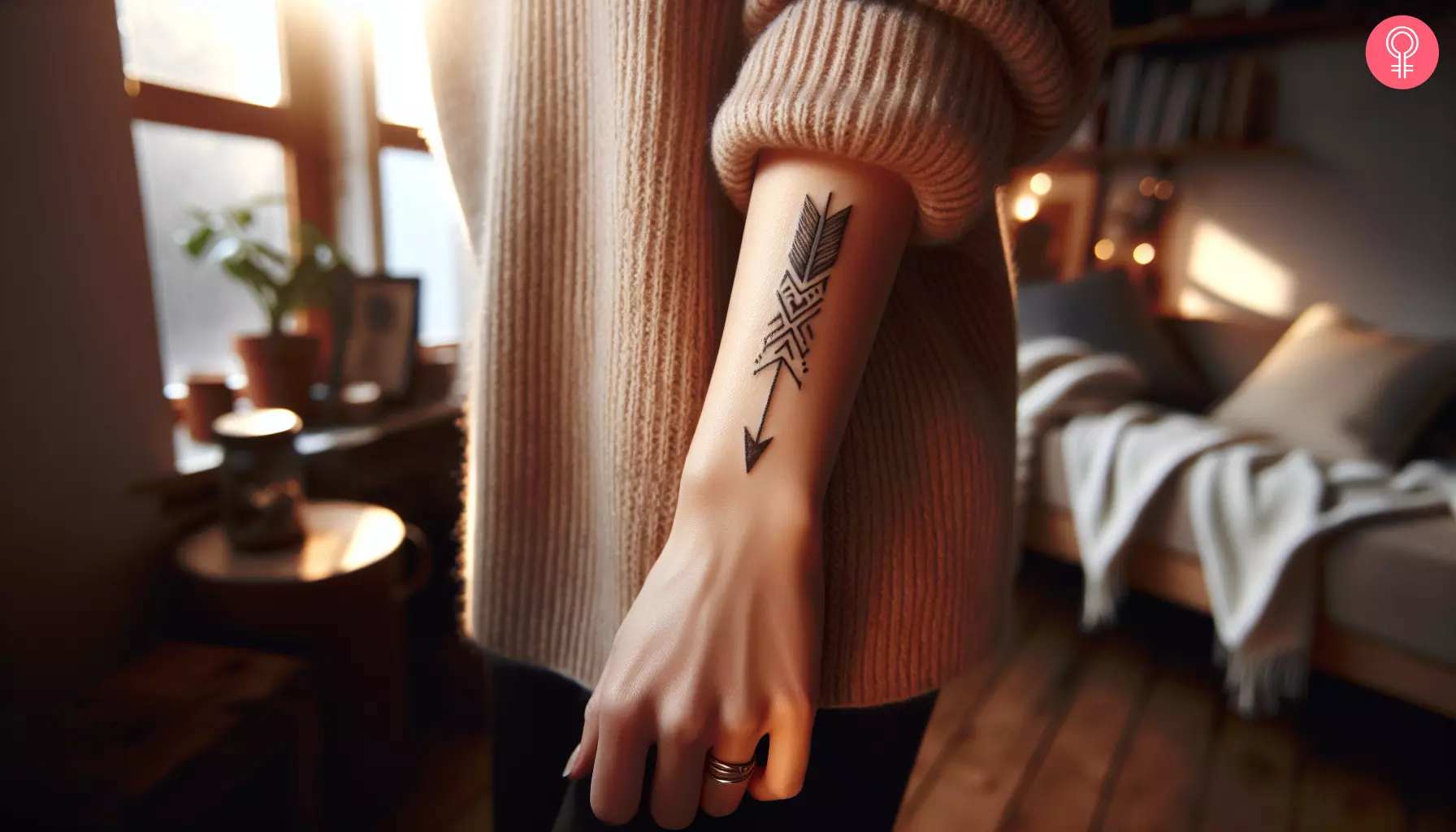 An arrow tattoo design on the forearm of a woman