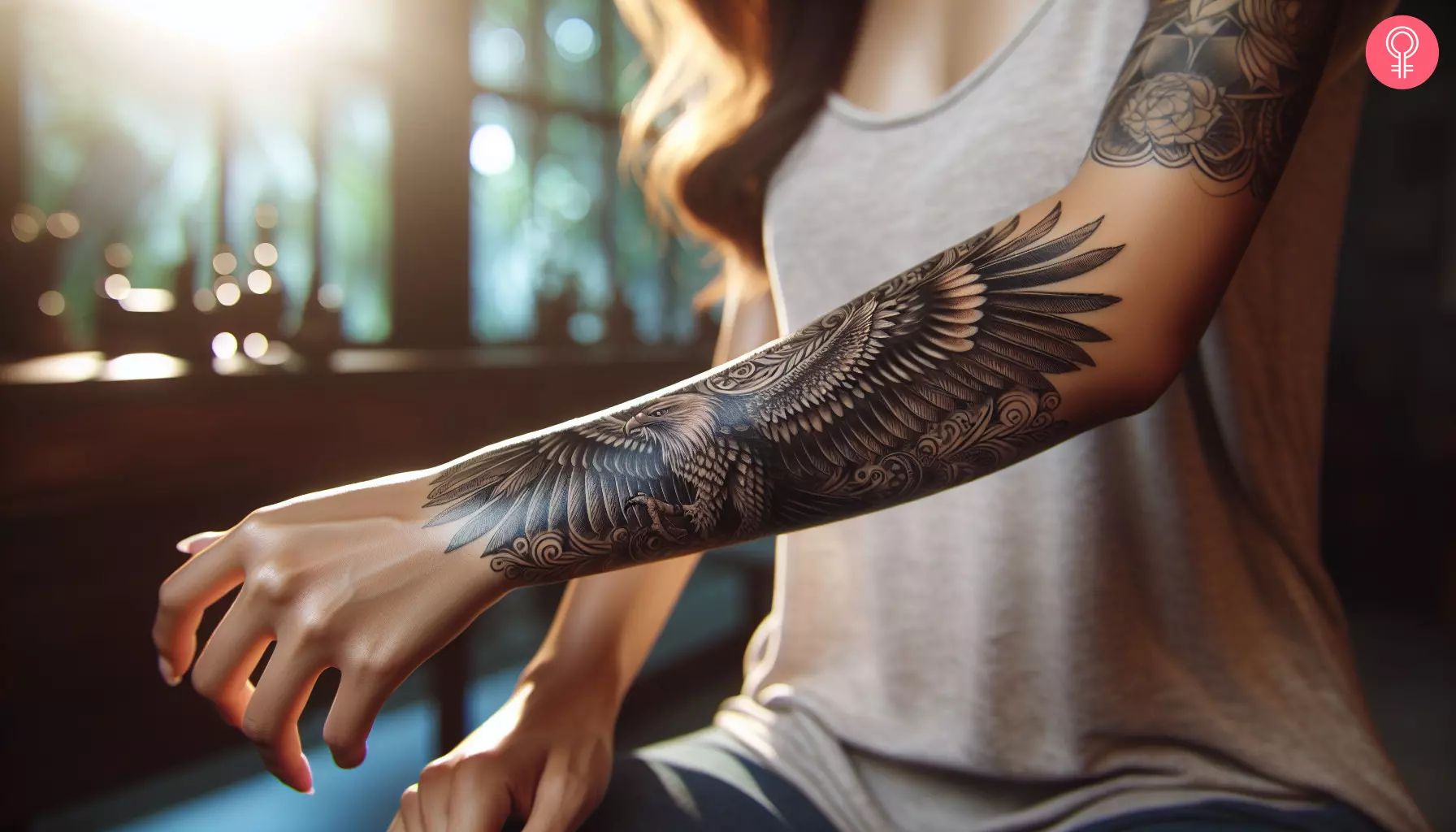 An eagle tattoo design on the forearm of a woman