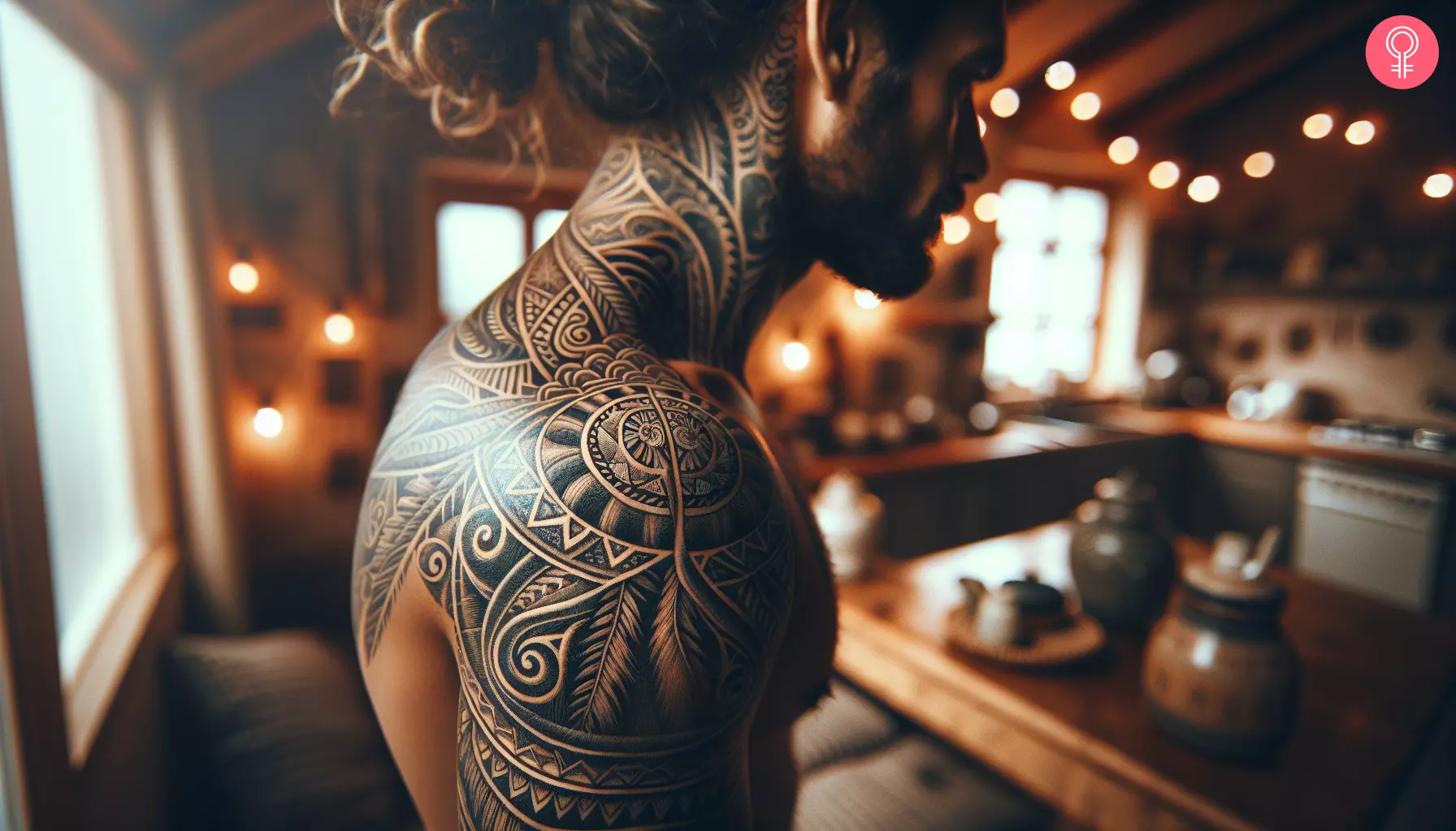 An ancient Hawaiian tattoo on a man’s neck, upper back, and arm