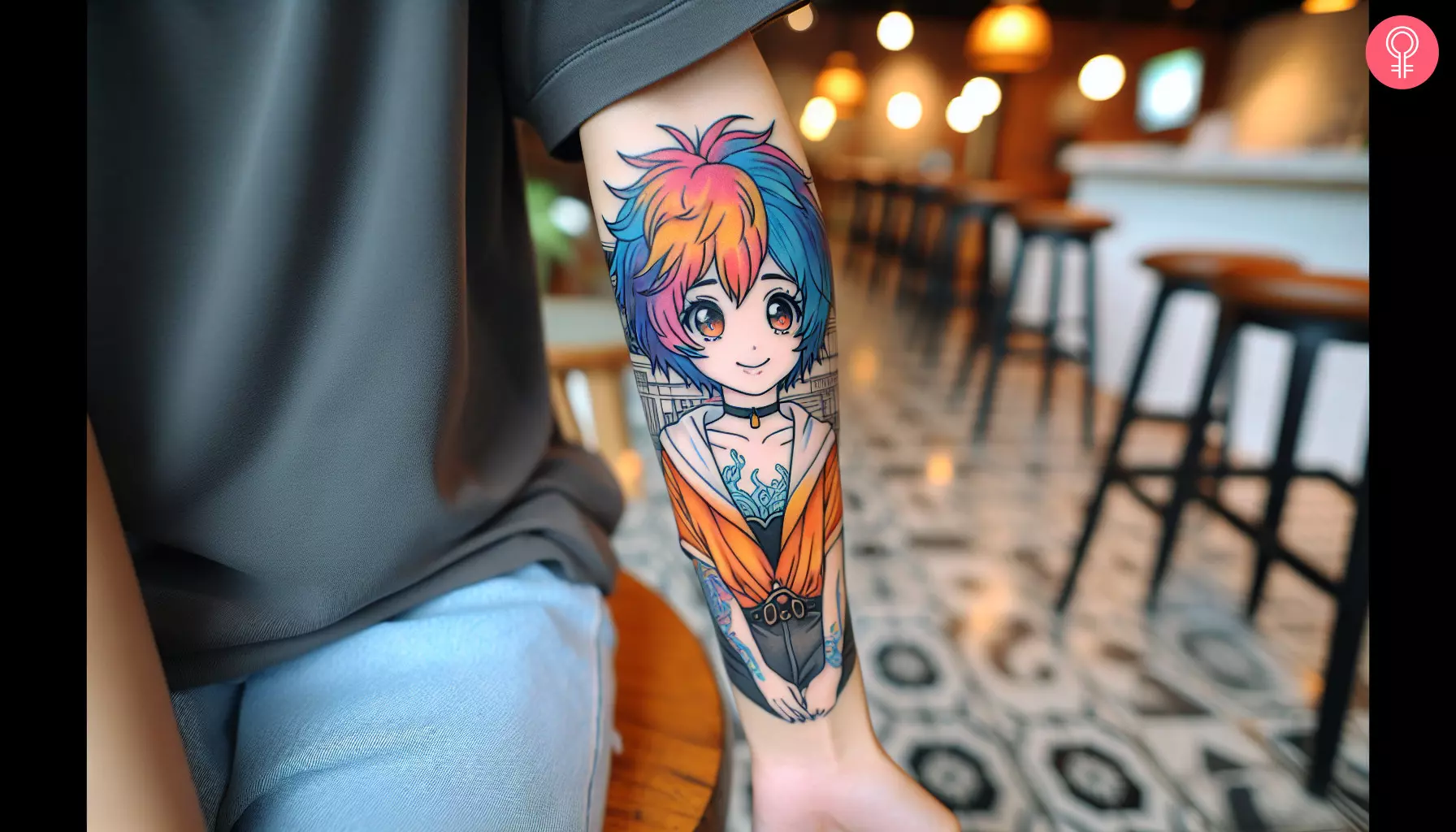 Anime tattoo design on the forearm of a woman