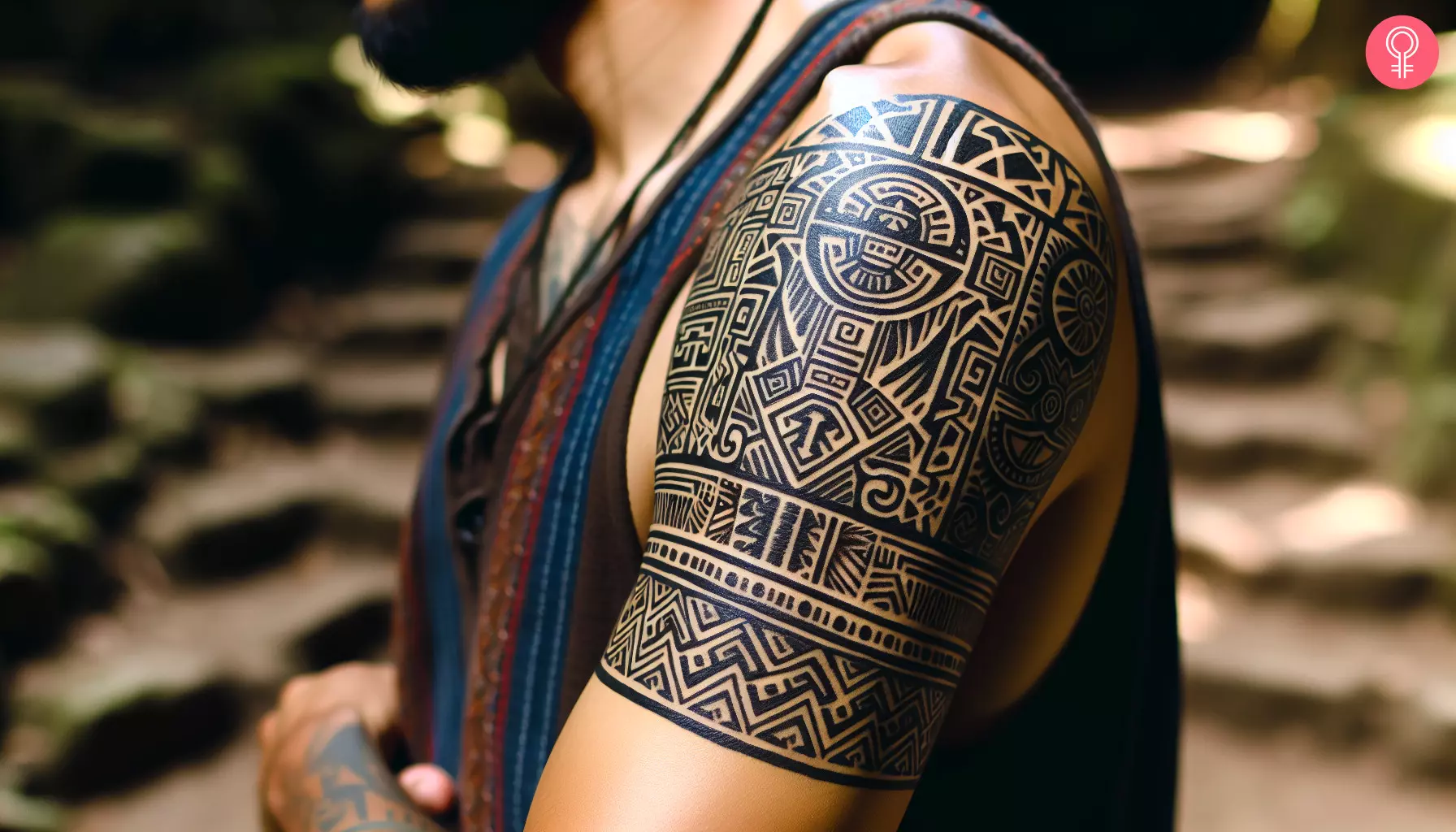 An armband Mayan tattoo on a man’s shoulder