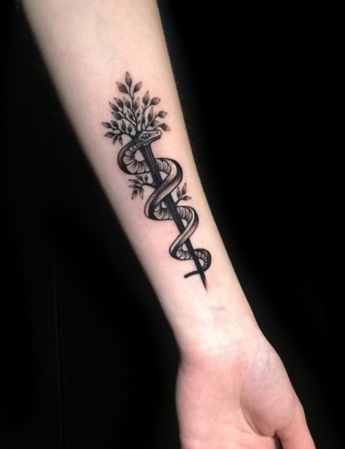 Asclepios Greek mythology tattoo on sleeve
