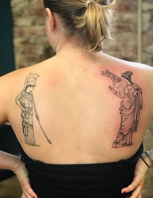 Athena and Aphrodite Greek mythology back tattoo
