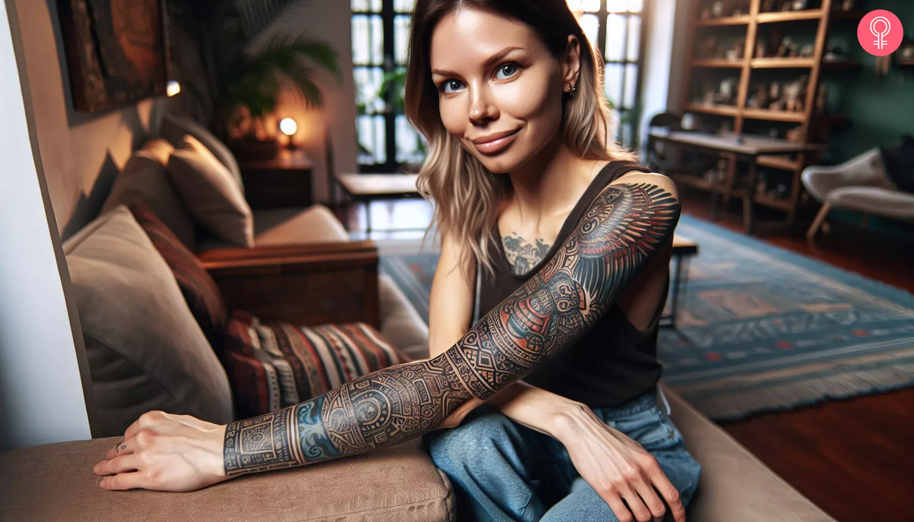 An Aztec Mayan tattoo sleeve on a woman’s arm
