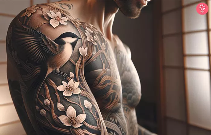Bird and flower tattoo on the arm of a man