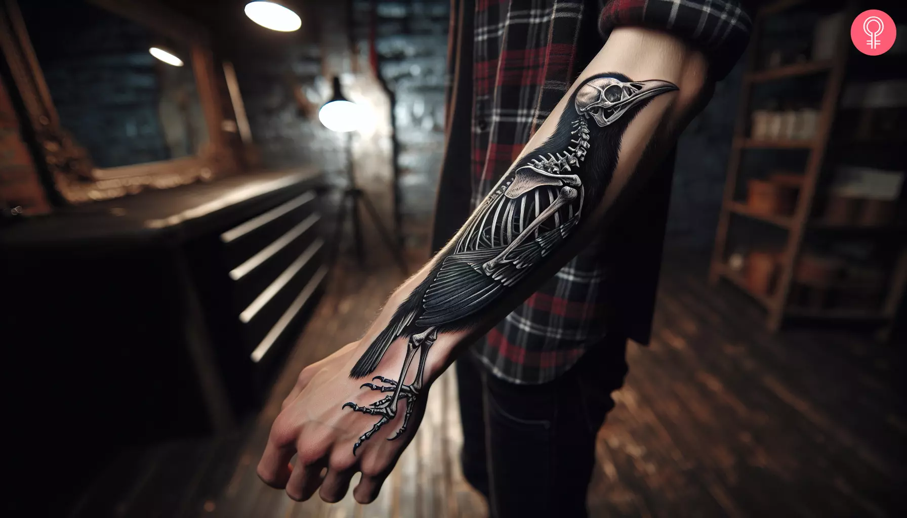 Bird skeleton tattoo on the forearm of a man