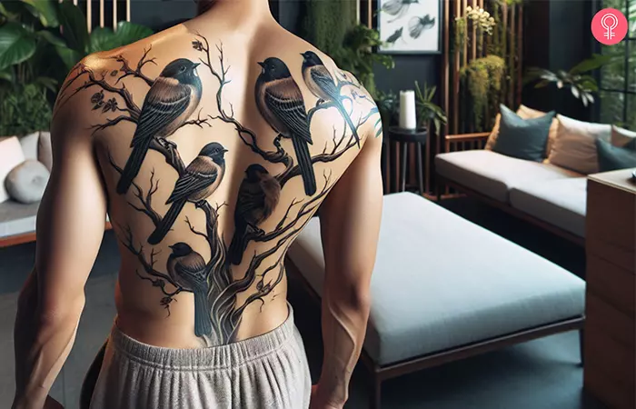 Birds on a branch tattoo on the back of a man