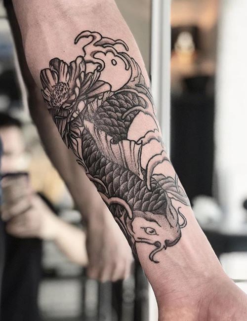 Black and gray koi fish tattoo design