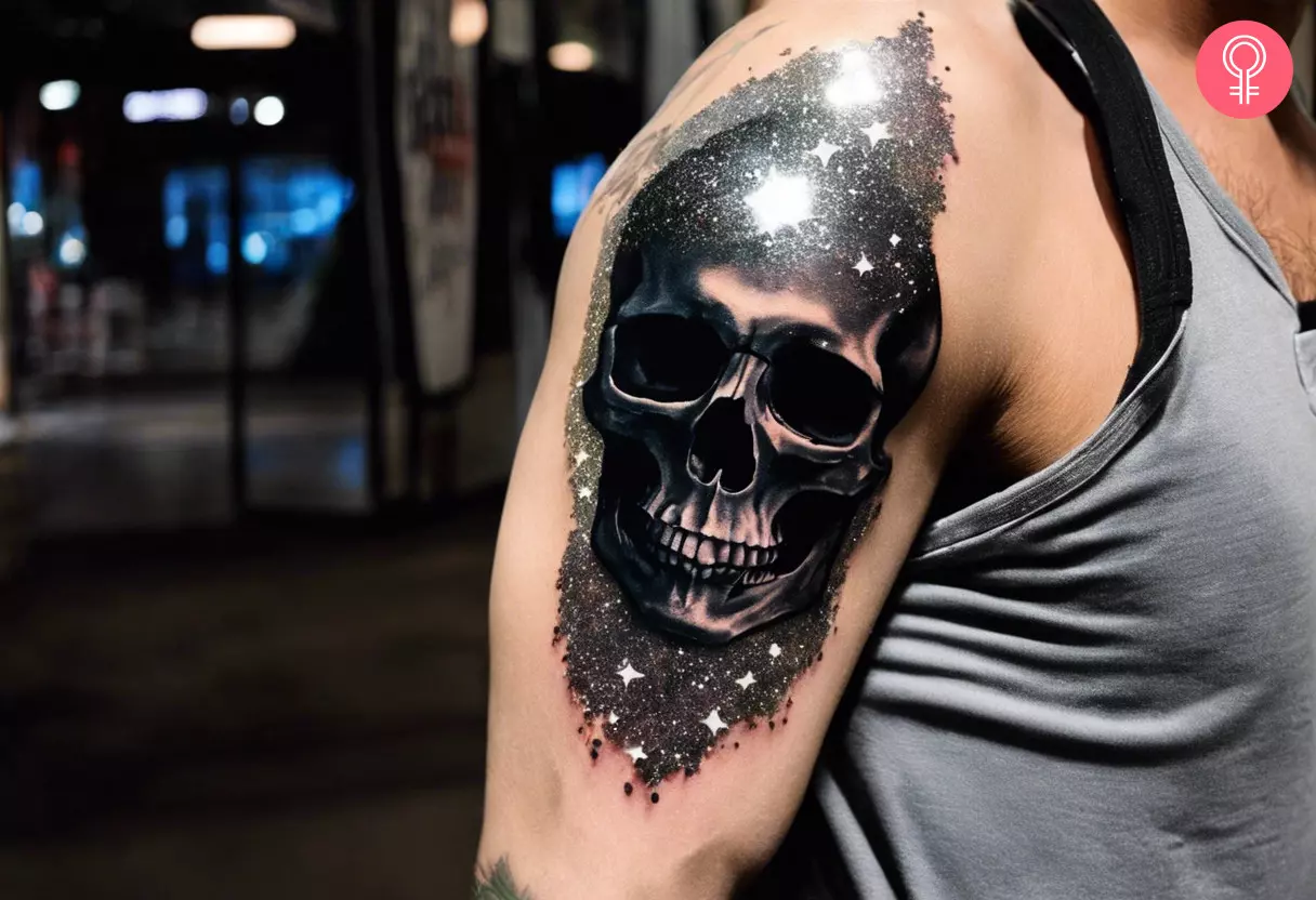 Black skull glitter tattoo on the arm of a man