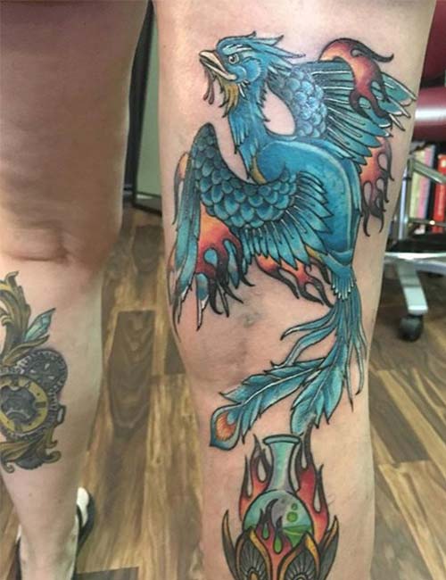 Blue Phoenix Alighting Tattoo Design