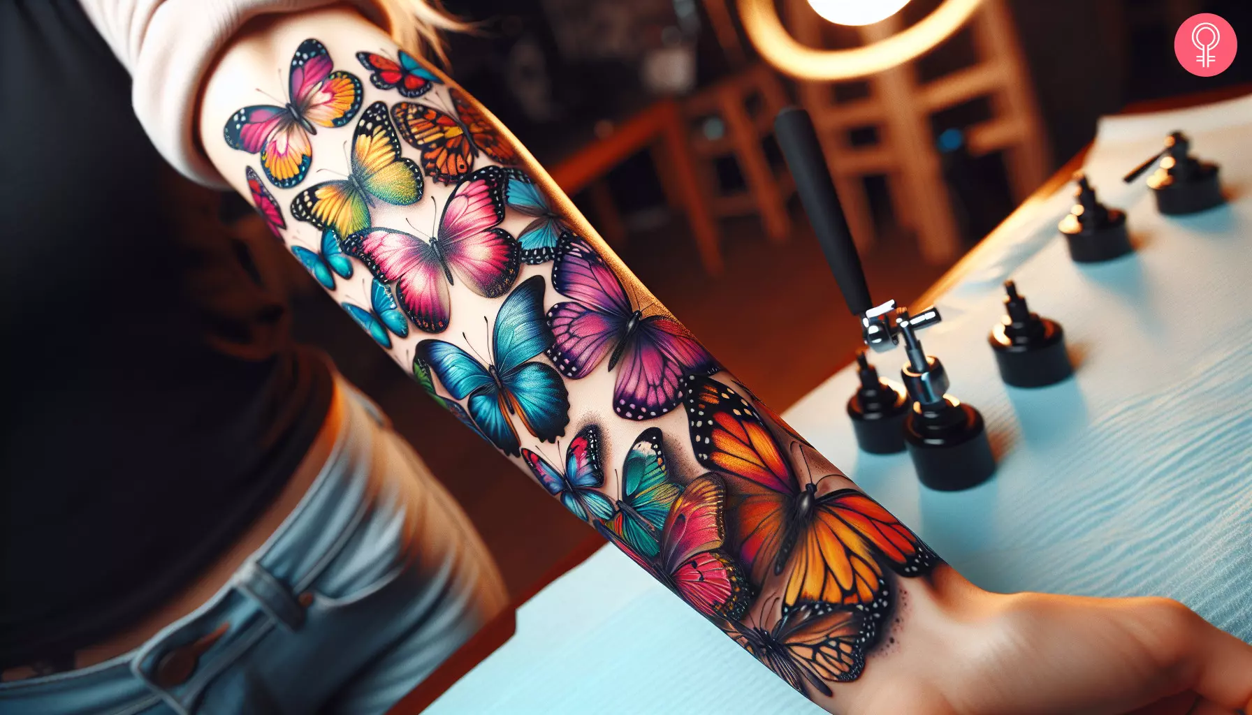 Butterfly tattoo design on the forearm of a woman