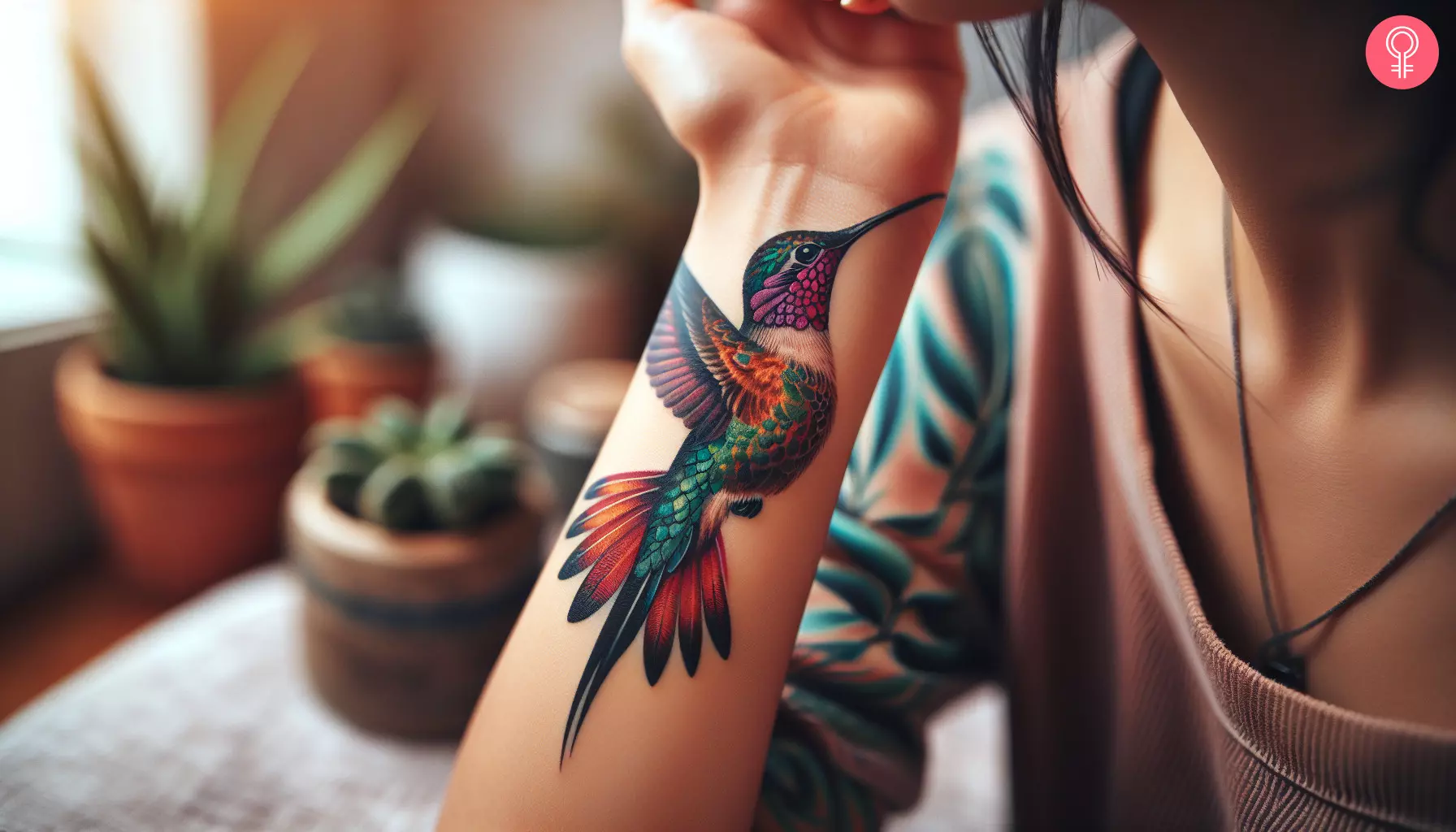 Colorful hummingbird tattoo on the wrist of a woman