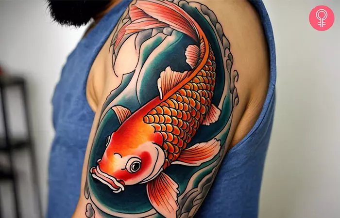 Colored Koi fish tattoo on the upper arm