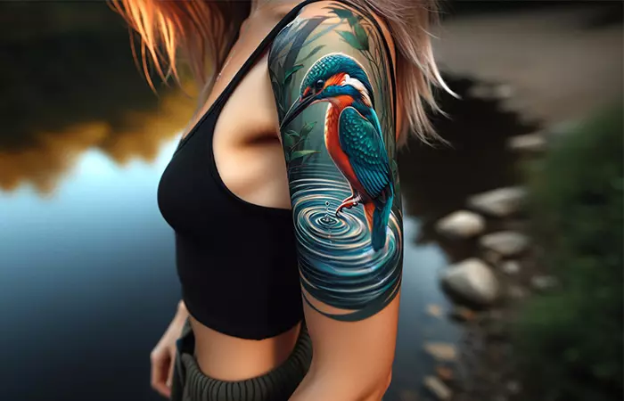 Colorful kingfisher tattoo on the forearm of a woman