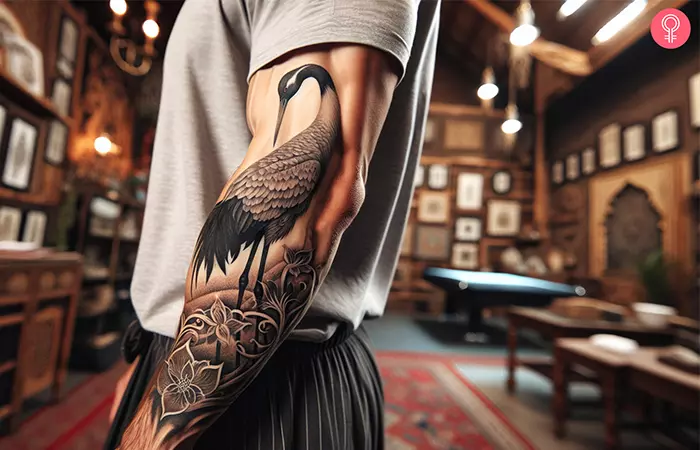 Crane bird tattoo on the arm of a man