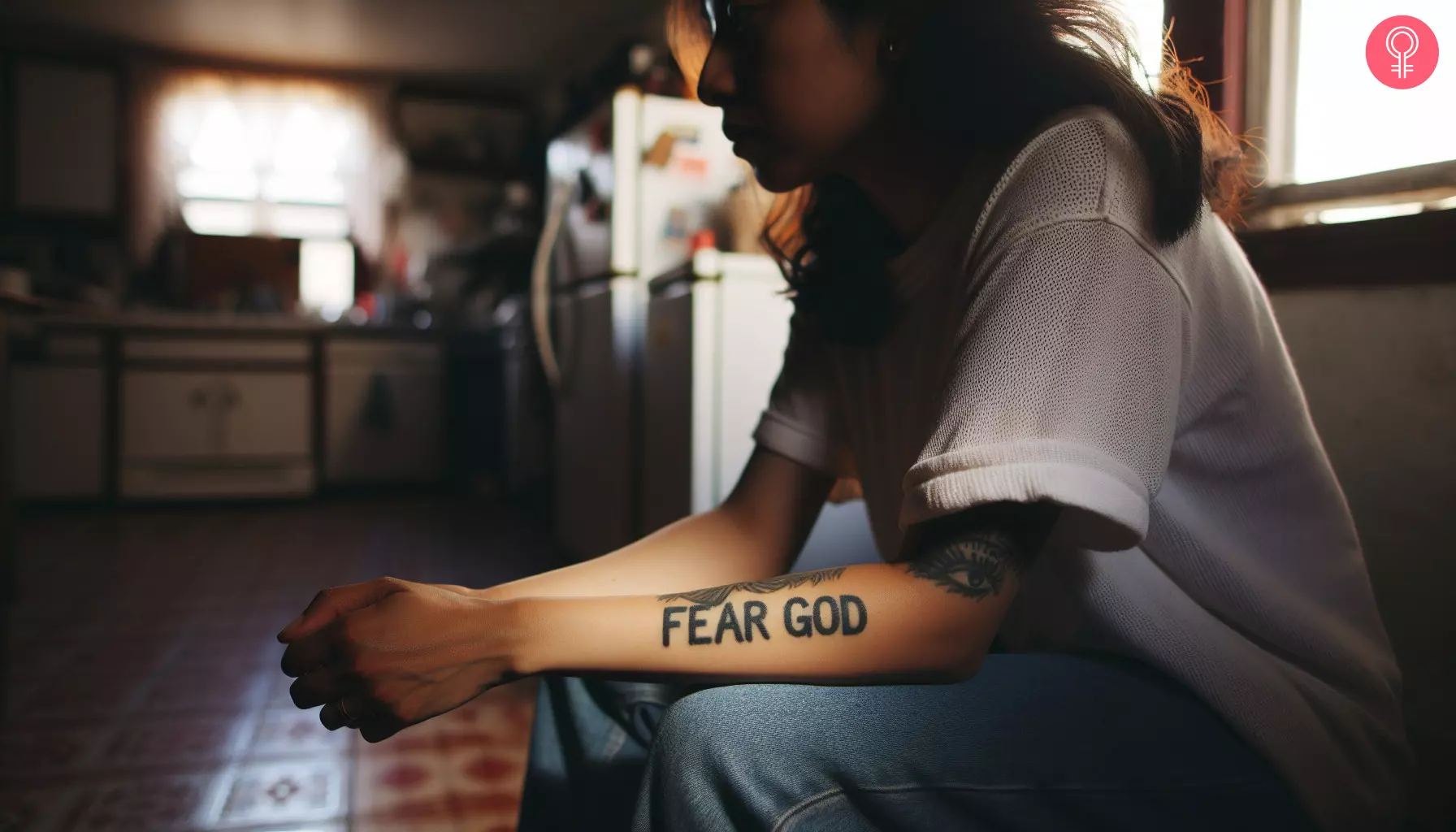 Fear god tattoo design on the forearm of a woman