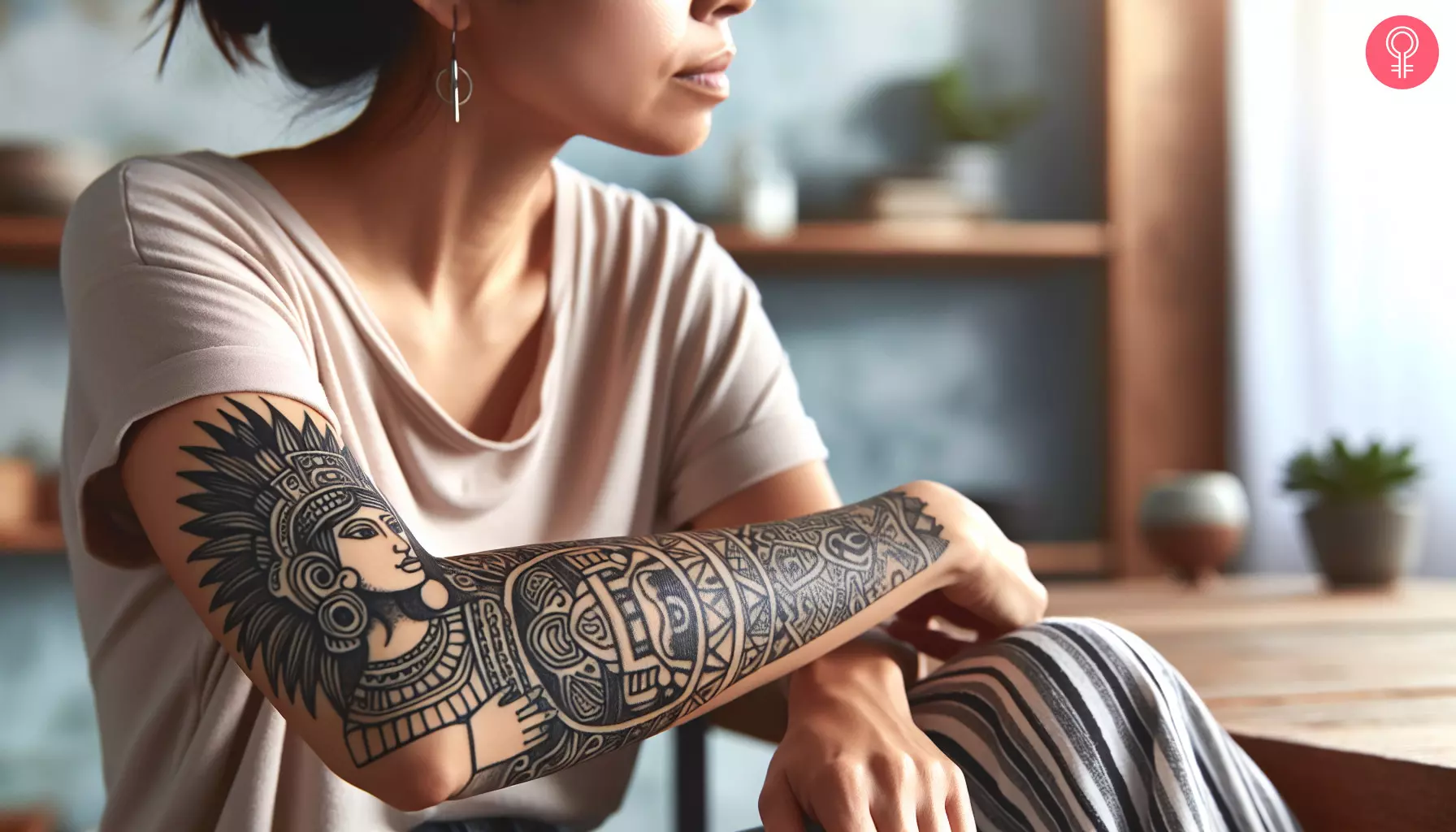 A female Mayan warrior tattoo on a woman’s arm