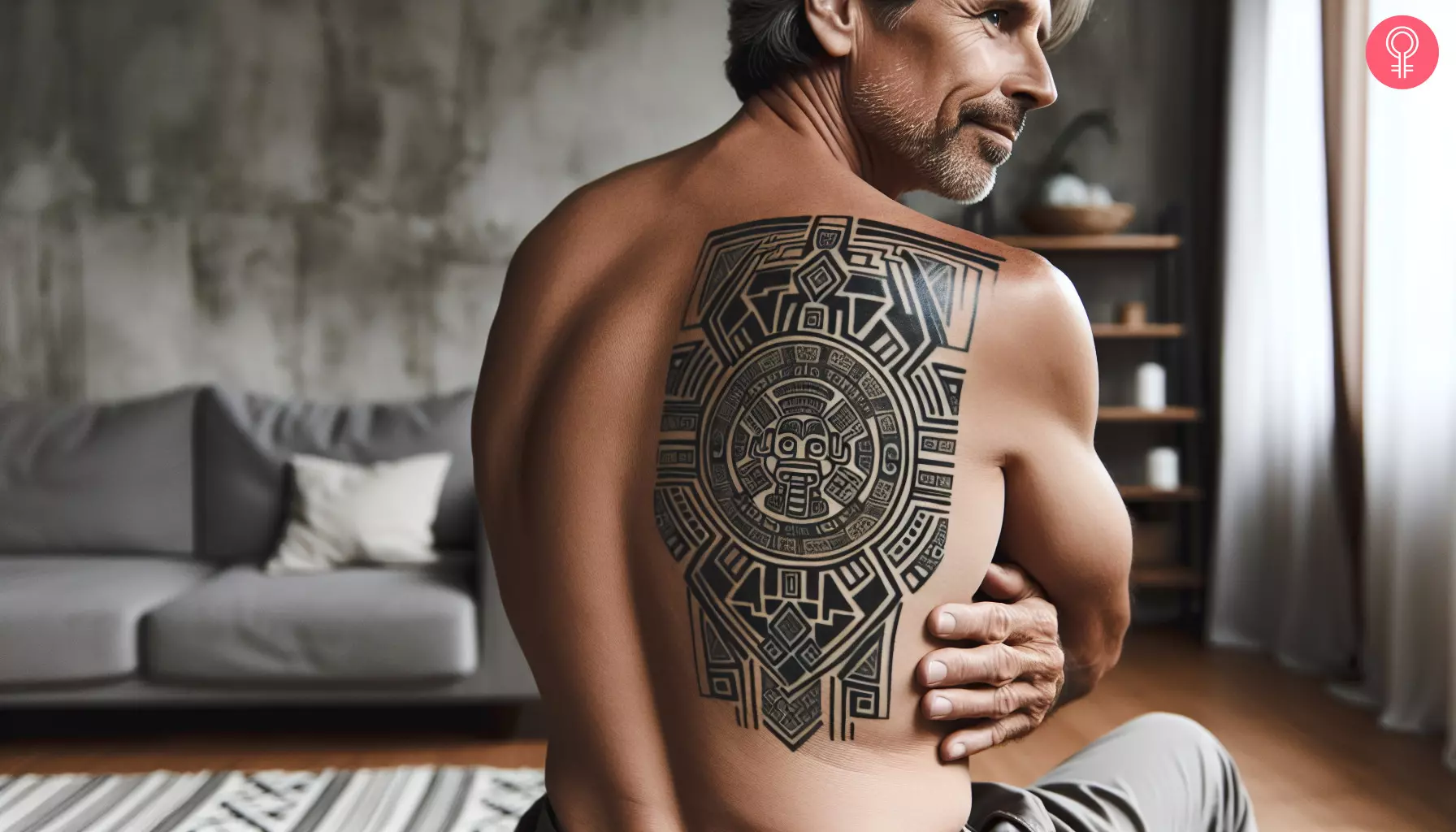 A formidable black work Mayan tattoo design on a man’s back