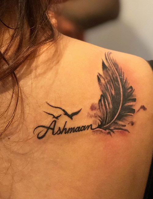 Freedom Feather Name Tattoo On Shoulder