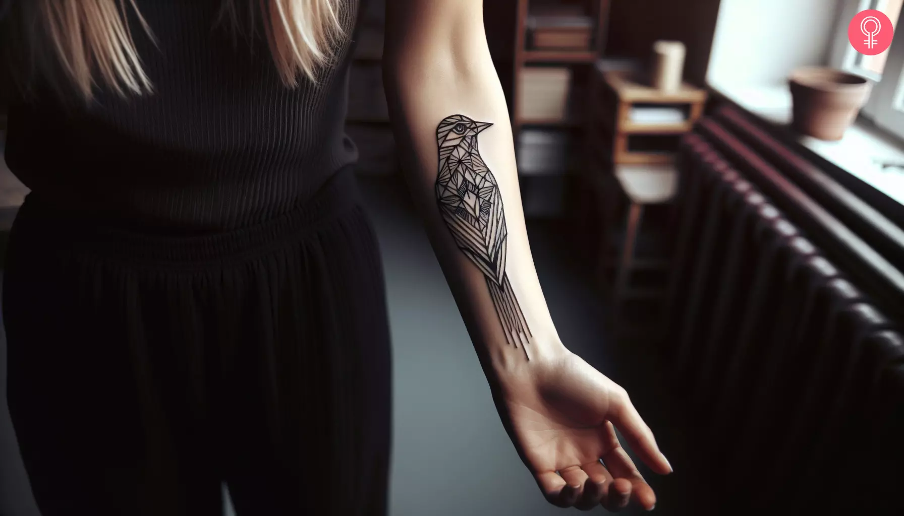 Geometric bird tattoo on the forearm of a woman
