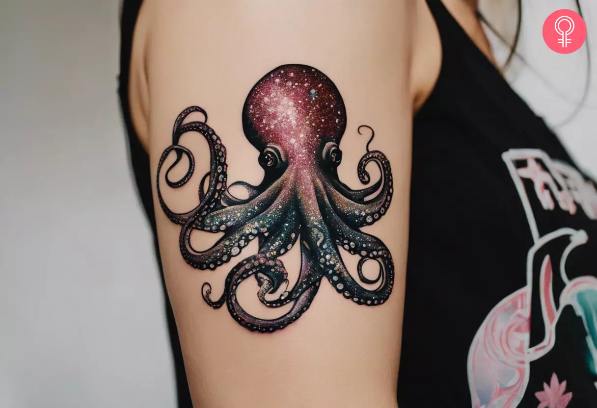 Glitter octopus tattoo on the arm of a woman