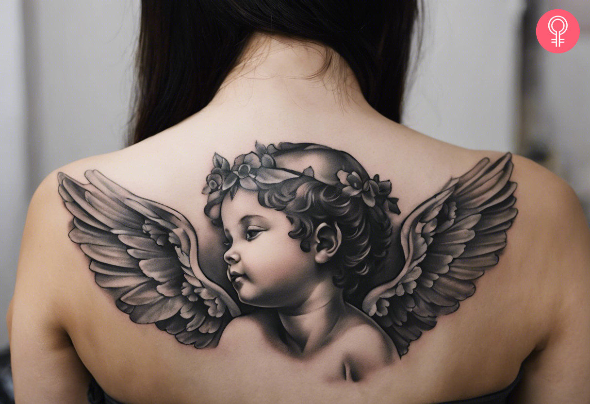 A black and grey Cupid tattoo on the back
