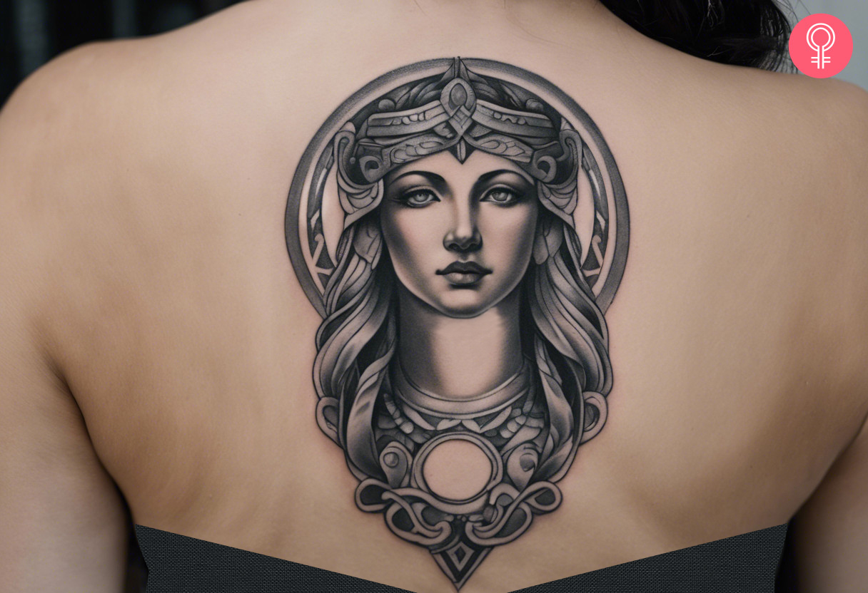 A black and grey portrait of Hera on the back